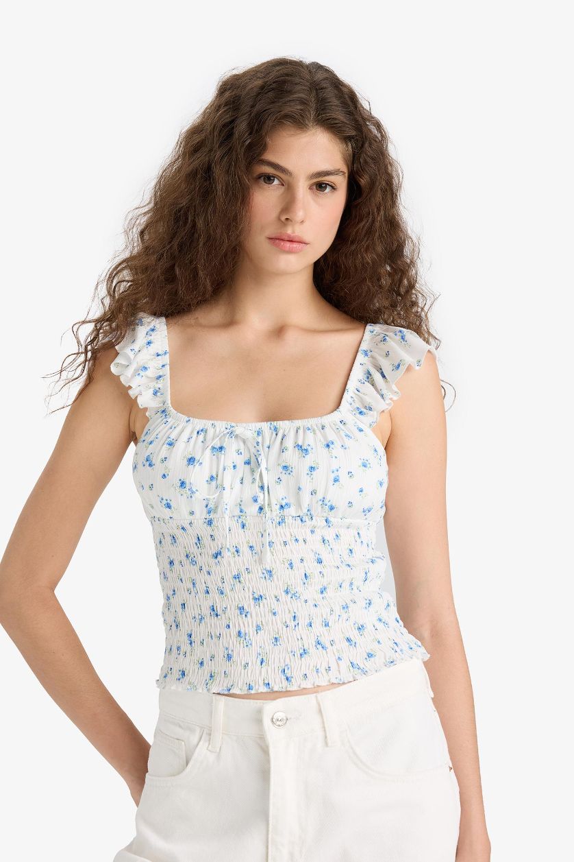 Kadın Mavi Coool Fitted Çiçekli Kare Yaka Dokulu Kolsuz Bluz