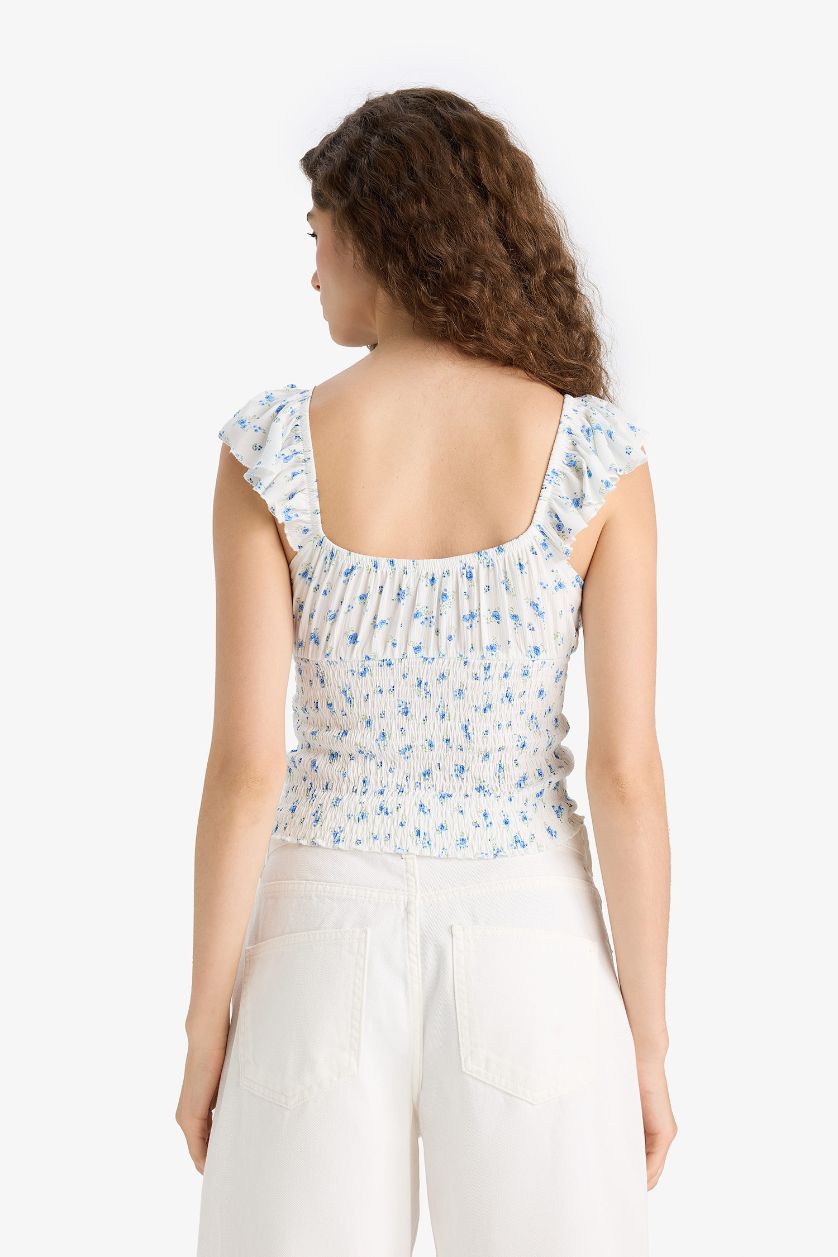 Kadın Mavi Coool Fitted Çiçekli Kare Yaka Dokulu Kolsuz Bluz