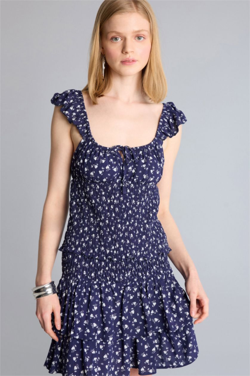 Kadın Lacivert Fıtted Floral Dokulu Kolsuz Bluz