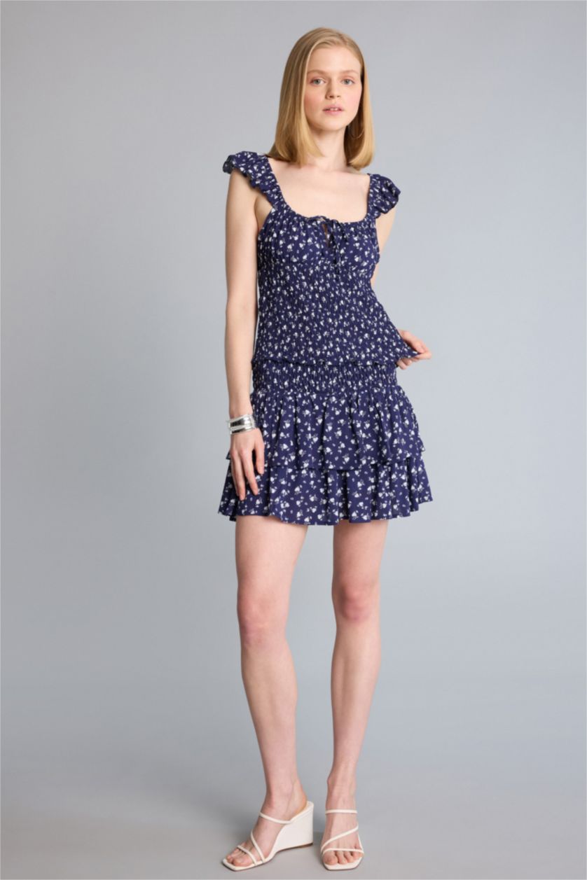 Kadın Lacivert Fıtted Floral Dokulu Kolsuz Bluz