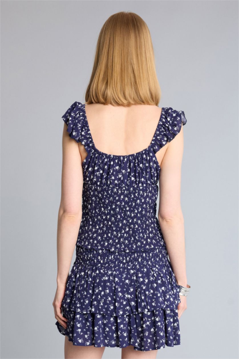 Kadın Lacivert Fıtted Floral Dokulu Kolsuz Bluz