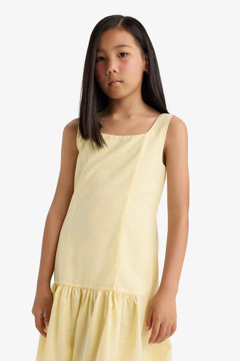 Kız Çocuk - Genç Kız Sarı Yuvarlak Yaka Volanlı Pamuklu Kolsuz Yazlık Elbise Kız Çocuk