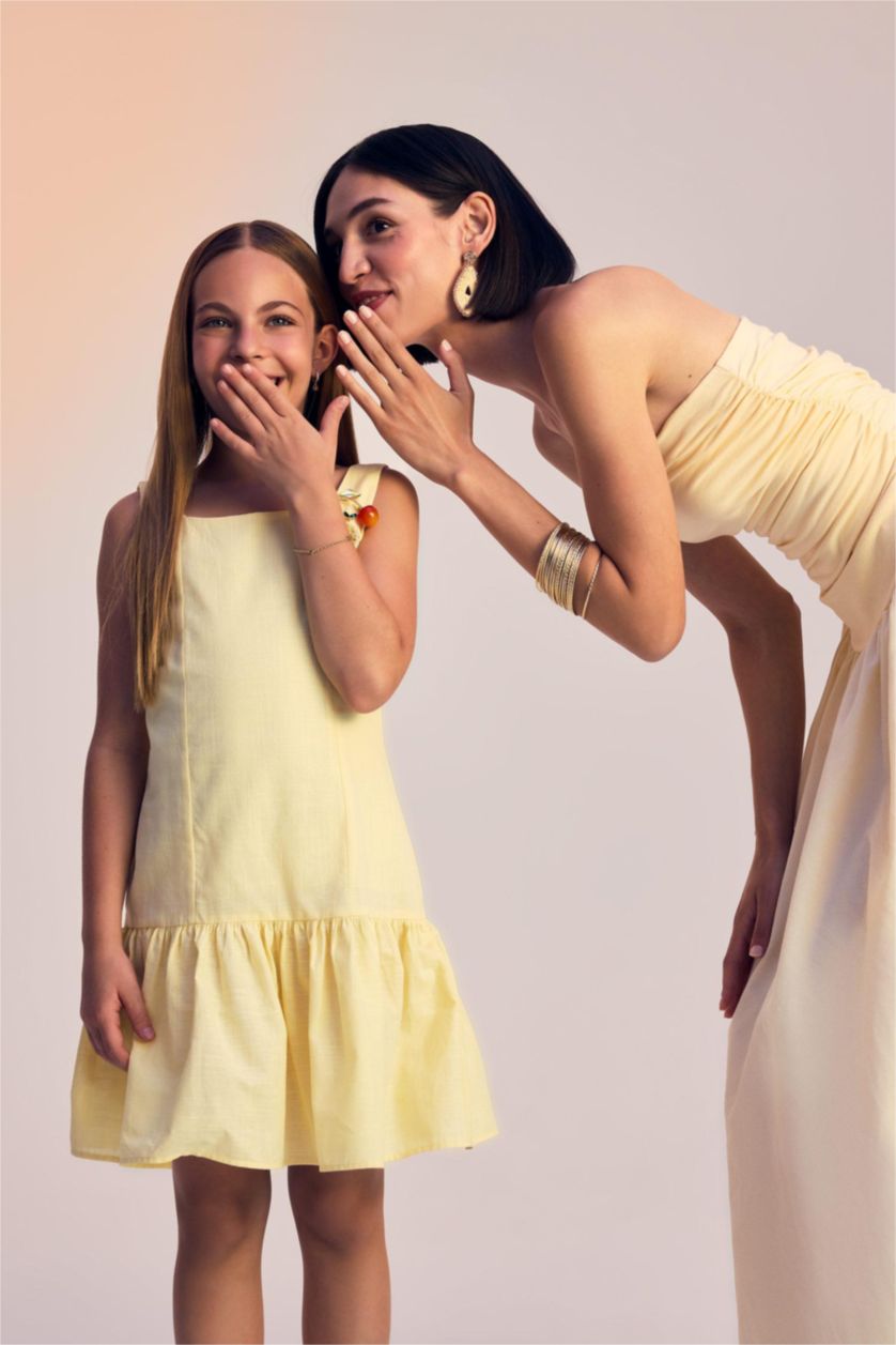 Kız Çocuk - Genç Kız Sarı Yuvarlak Yaka Volanlı Pamuklu Kolsuz Yazlık Elbise Kız Çocuk