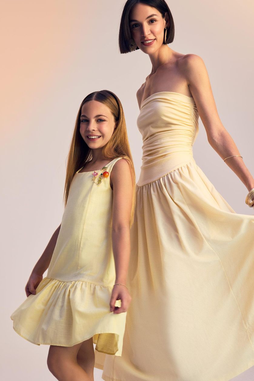 Kız Çocuk - Genç Kız Sarı Yuvarlak Yaka Volanlı Pamuklu Kolsuz Yazlık Elbise Kız Çocuk