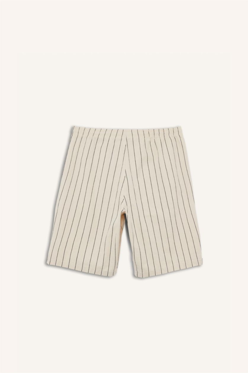 Erkek Doğal Açık Bej Çizgili Bermuda Şort