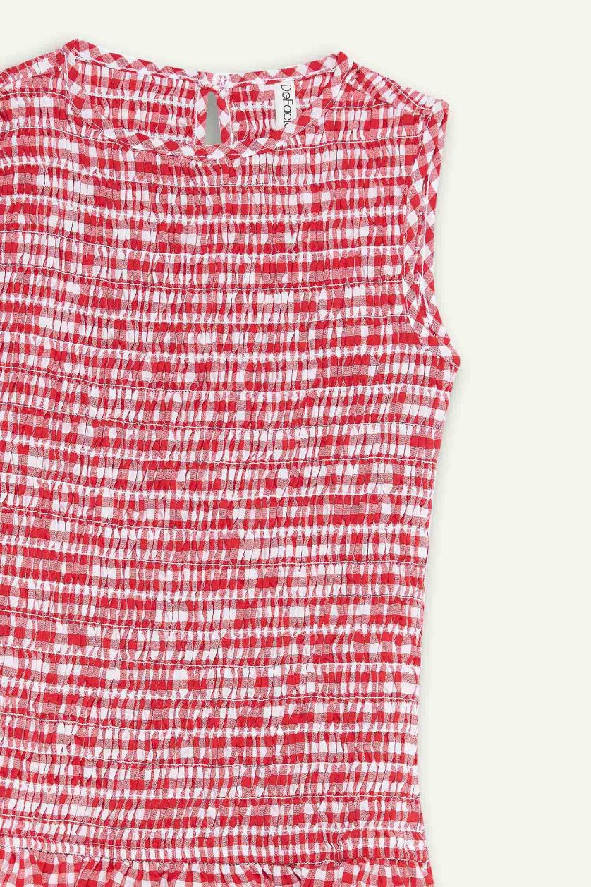 Kız Çocuk - Genç Kız Açık Kırmızı Bisiklet Yaka Kareli Kolsuz Yazlık Elbise Kız Çocuk