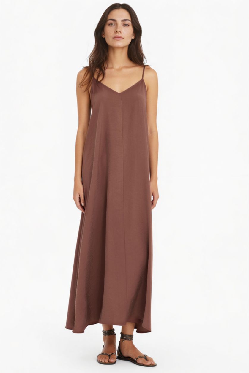 Woman Brown V-Neck Modal Strappy Maxi Dress
