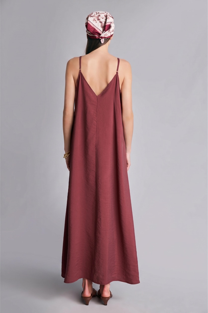 Women Bordeaux V-Neck Modal Strappy Midi Dress