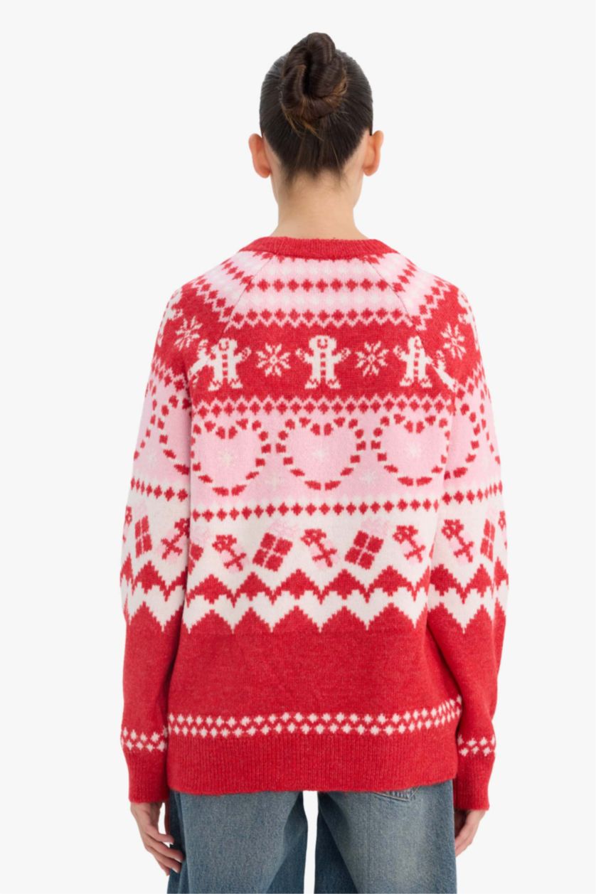 Kadın Kırmızı Yılbaşı Temalı Regular Fit Bisiklet Yaka Triko Kazak