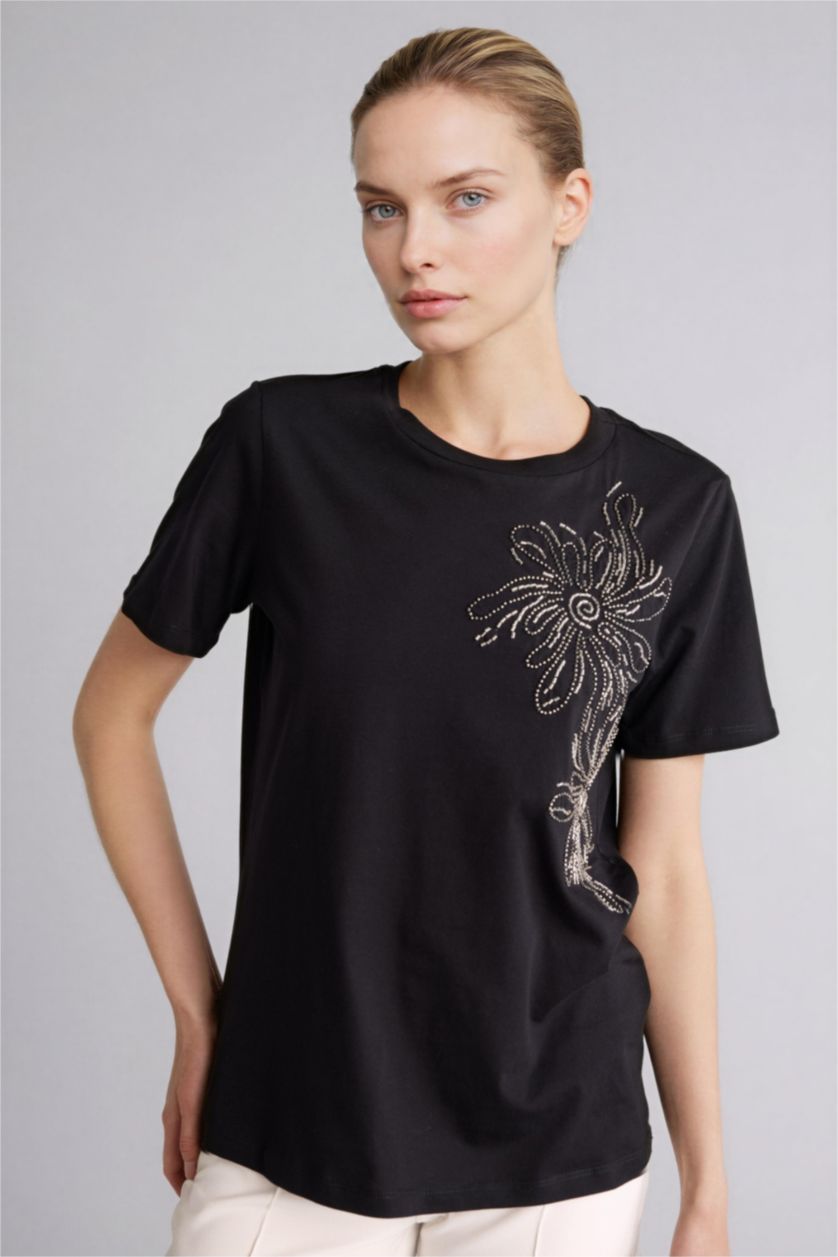 Kadın Siyah Regular Fıt Penye Kısa Kollu Tişört