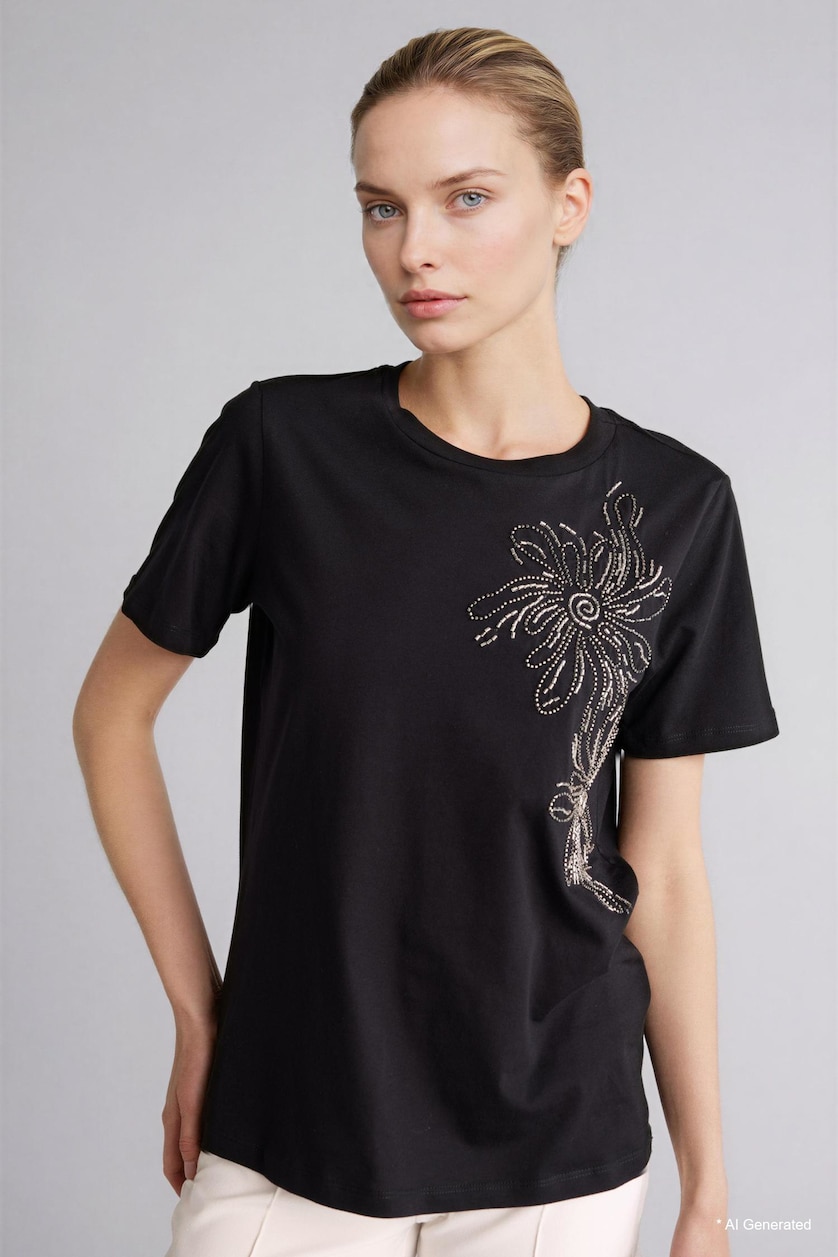 Women Black Regular Fit Short Sleeve T-Shirt