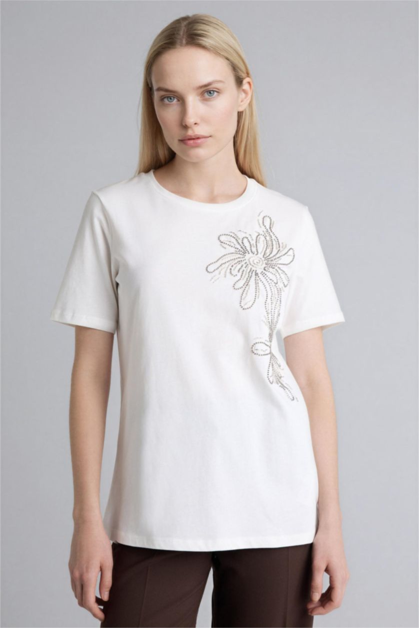 Kadın Ekru Regular Fıt Penye Kısa Kollu Tişört