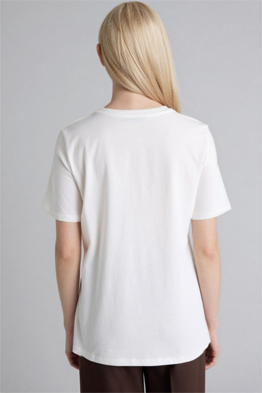 Kadın Ekru Regular Fıt Penye Kısa Kollu Tişört