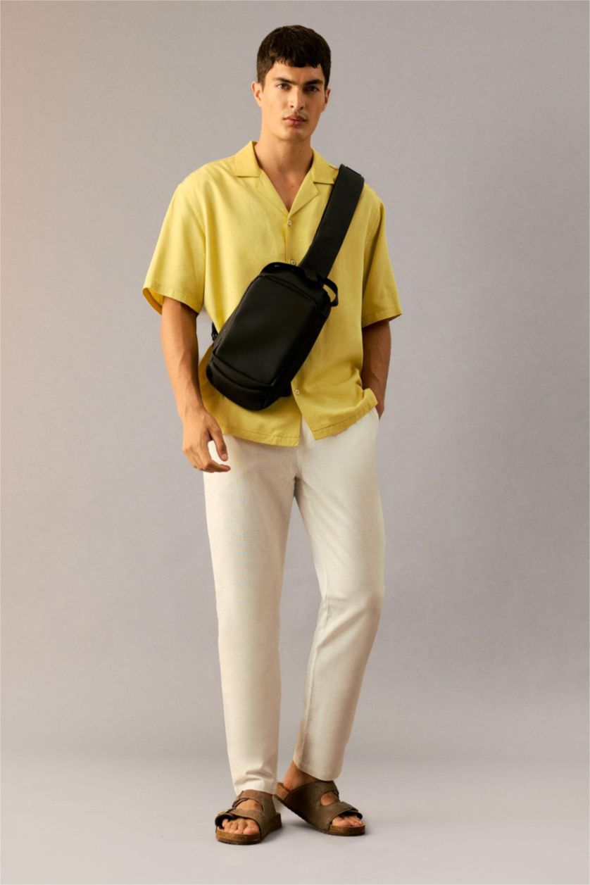 Man Light Yellow Relax Fit Polo Neck Tencel Short Sleeve Shirt