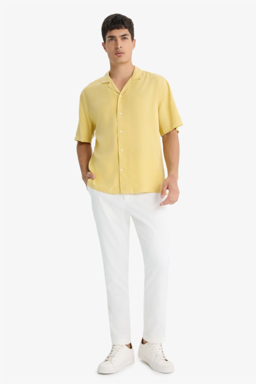 Man Light Yellow Relax Fit Polo Neck Tencel Short Sleeve Shirt