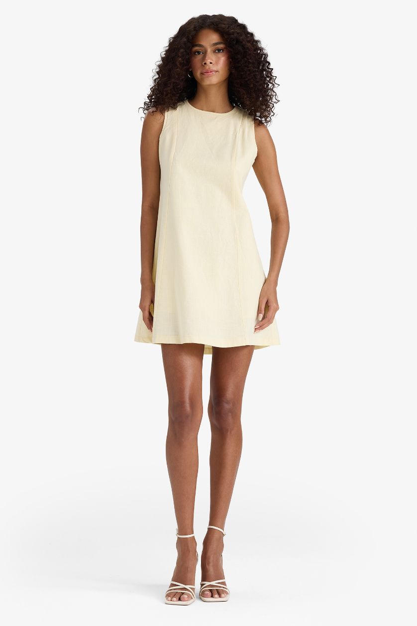 Kadın Açık Sarı Bisiklet Yaka Keten Görünümlü Kolsuz Mini Elbise