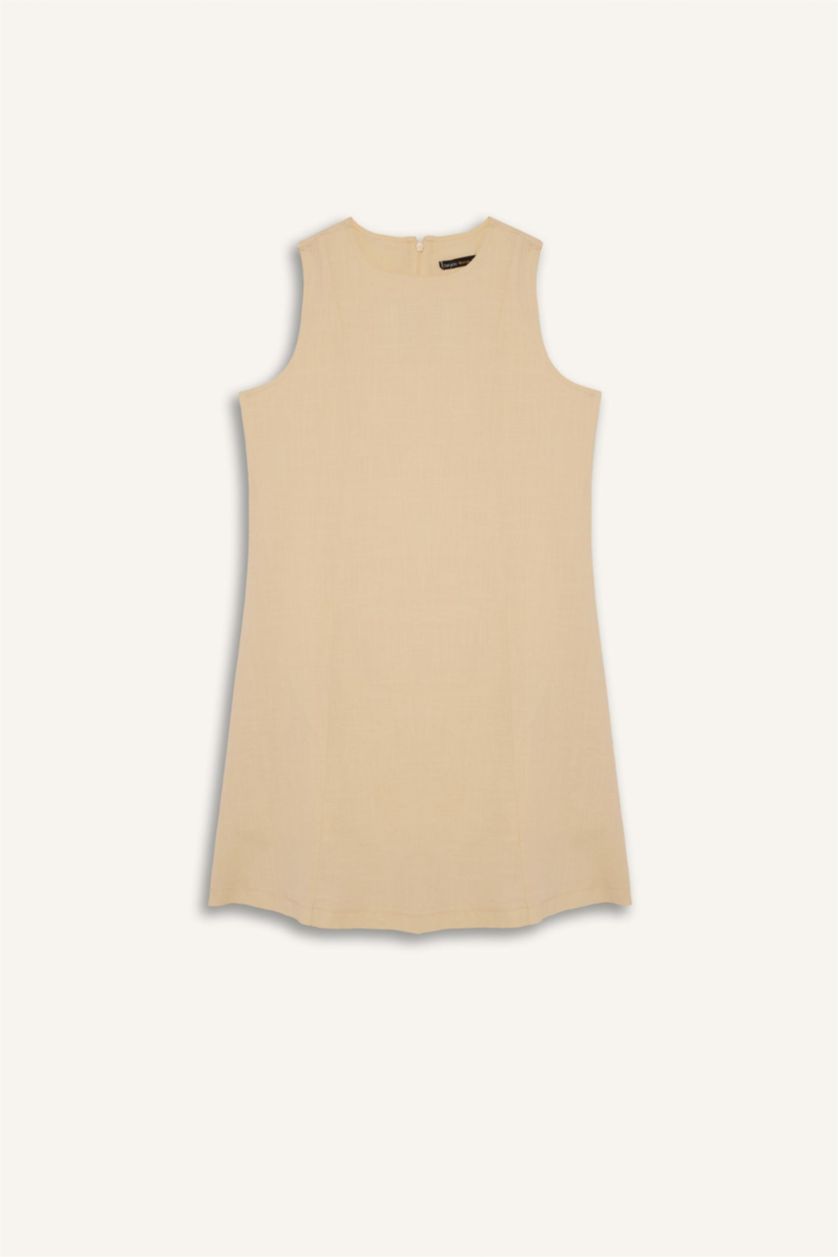 Woman Light Yellow Crew Neck Linen Look Mini Dress