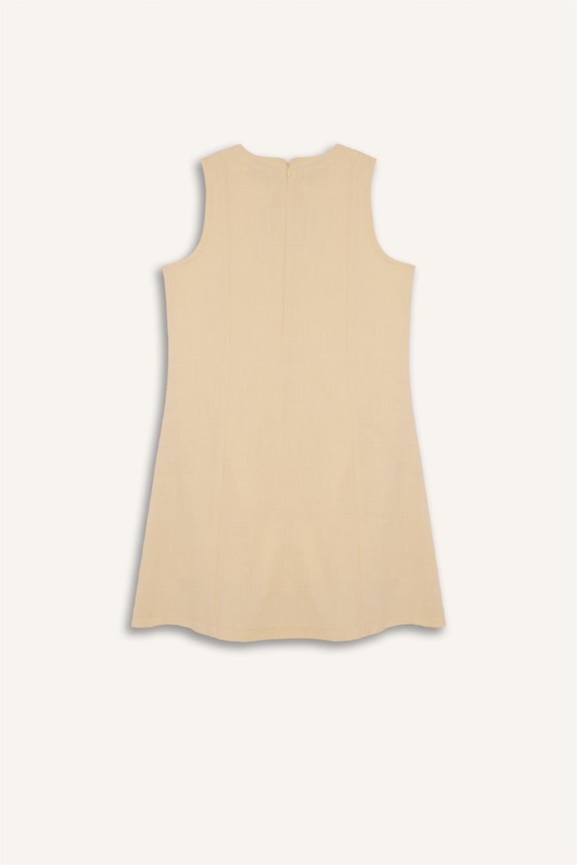 Woman Light Yellow Crew Neck Linen Look Mini Dress