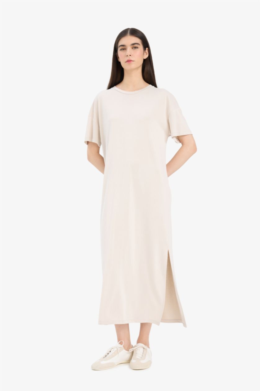 Woman Beige Crew Neck Modal Short Sleeve Midi Dress