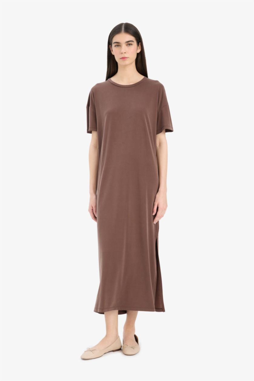 Woman Light Brown Crew Neck Modal Short Sleeve Midi Dress