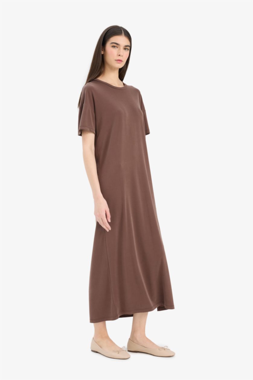 Woman Light Brown Crew Neck Modal Short Sleeve Midi Dress