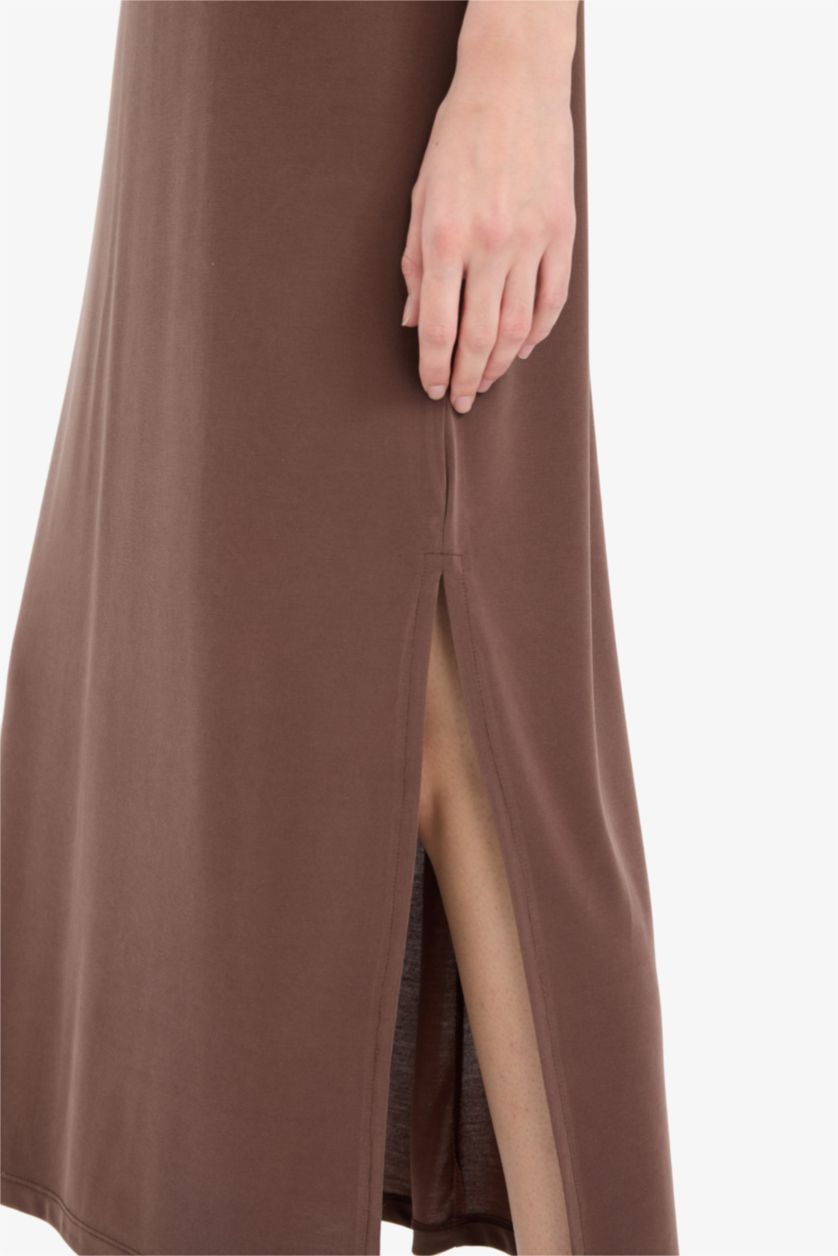 Woman Light Brown Crew Neck Modal Short Sleeve Midi Dress