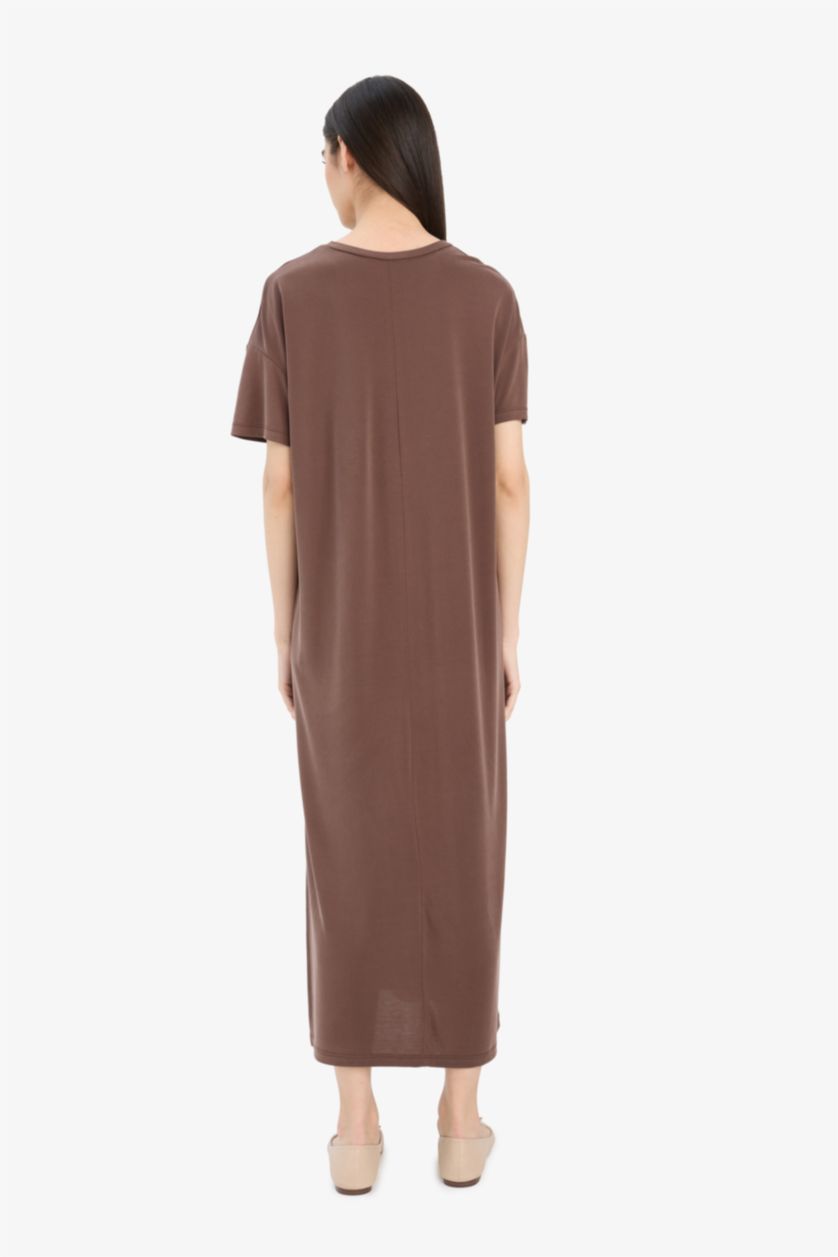 Woman Light Brown Crew Neck Modal Short Sleeve Midi Dress