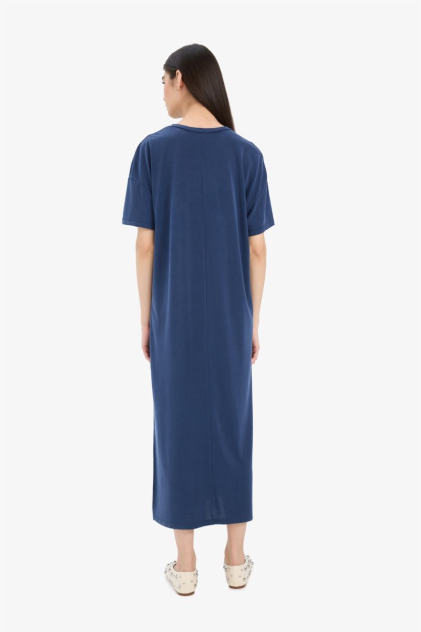 Kadın Lacivert Bisiklet Yaka Modal Kısa Kollu Midi Yazlık Elbise