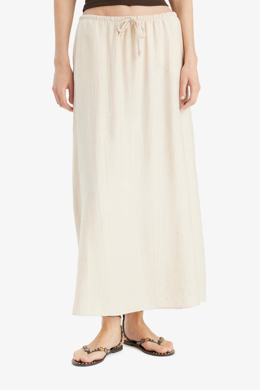 Woman Beige A Cut Crinkle Fabric Normal Waist Midi Skirt