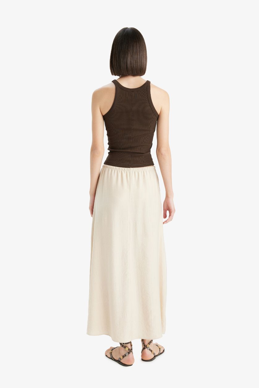 Woman Beige A Cut Crinkle Fabric Normal Waist Midi Skirt