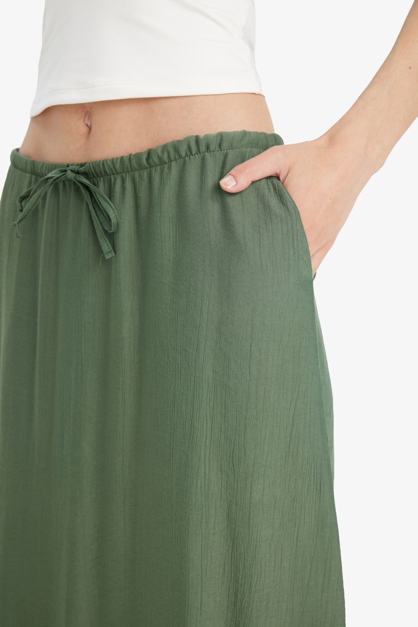 Woman Khaki A Cut Crinkle Fabric Normal Waist Midi Skirt