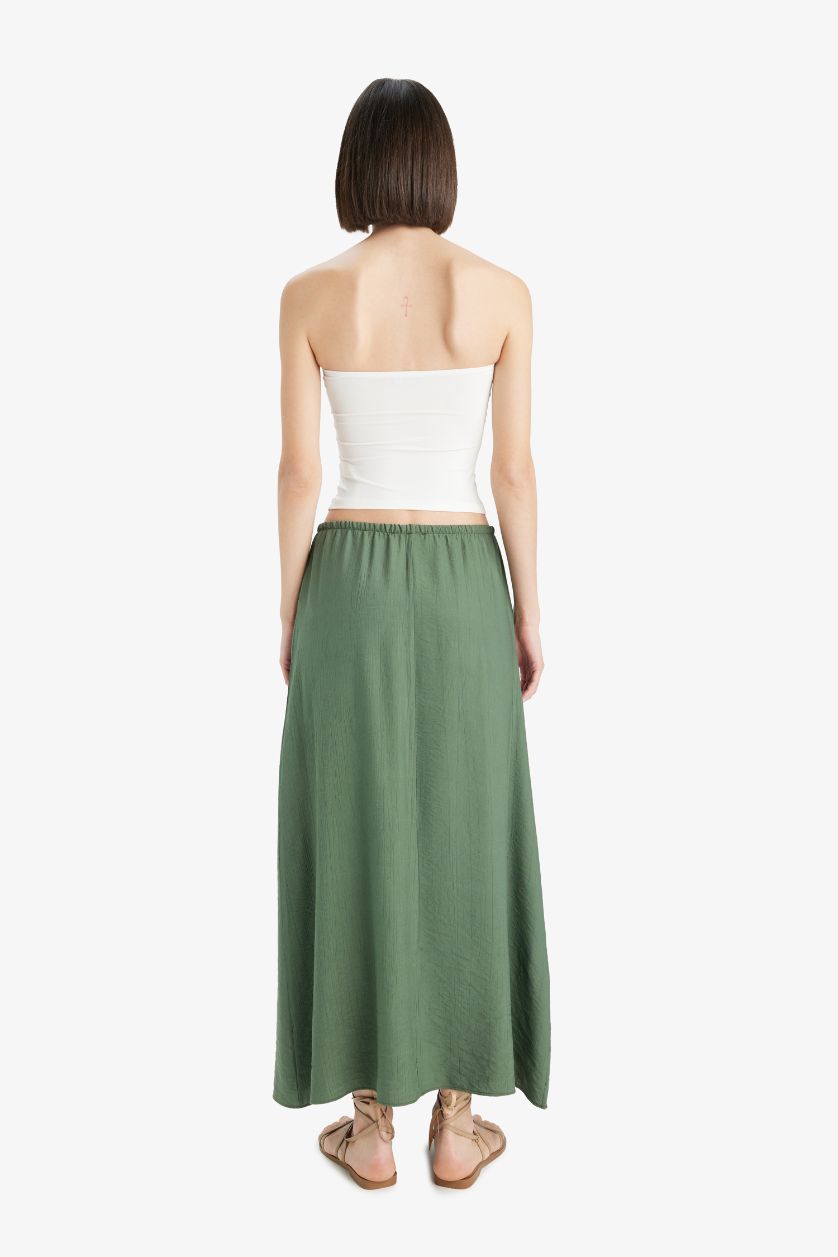 Woman Khaki A Cut Crinkle Fabric Normal Waist Midi Skirt