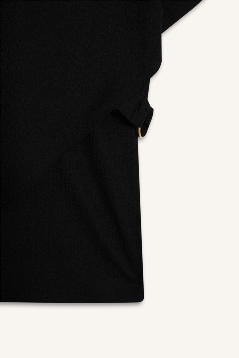 Kadın Siyah Regular Fıt Bisiklet Yaka Bürümcük Kısa Kollu Tişört