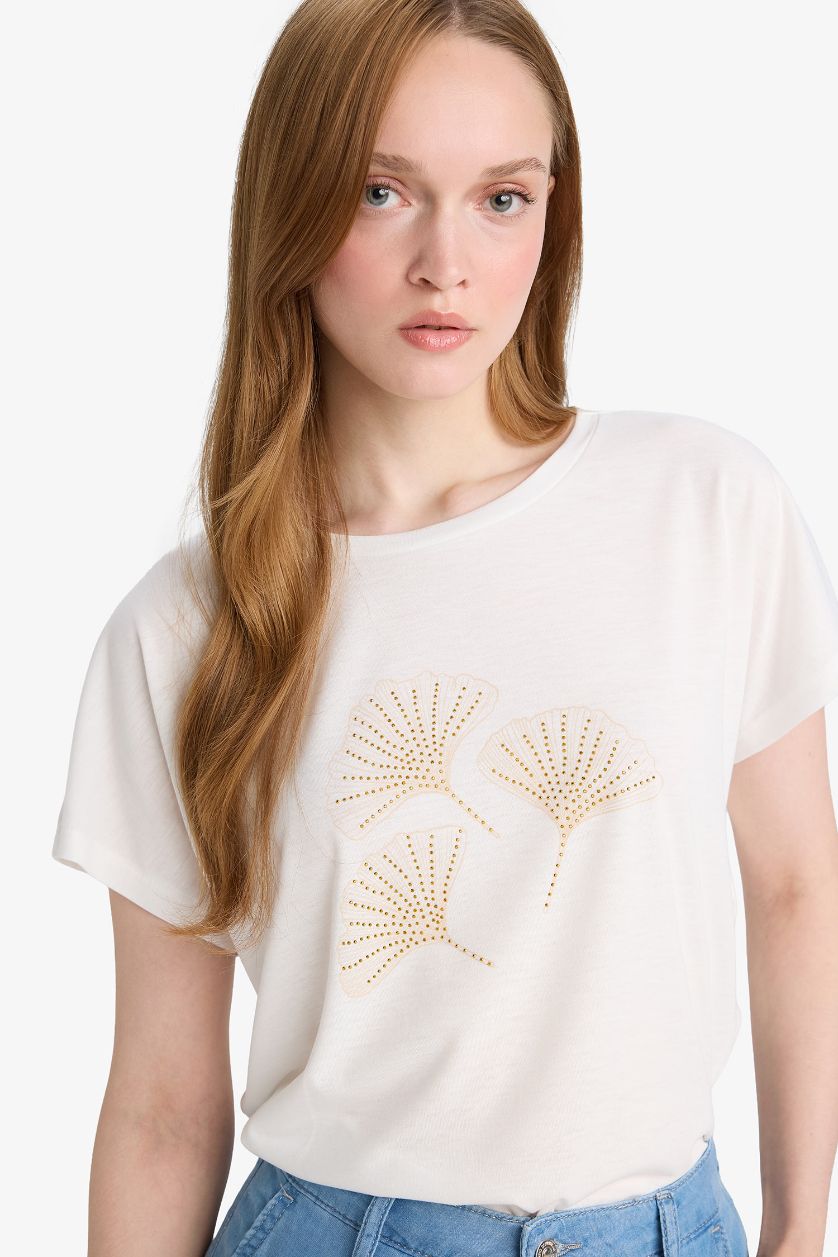 نساء بيج فاتح Crew Neck Stone Printed Short Sleeve T-Shirt