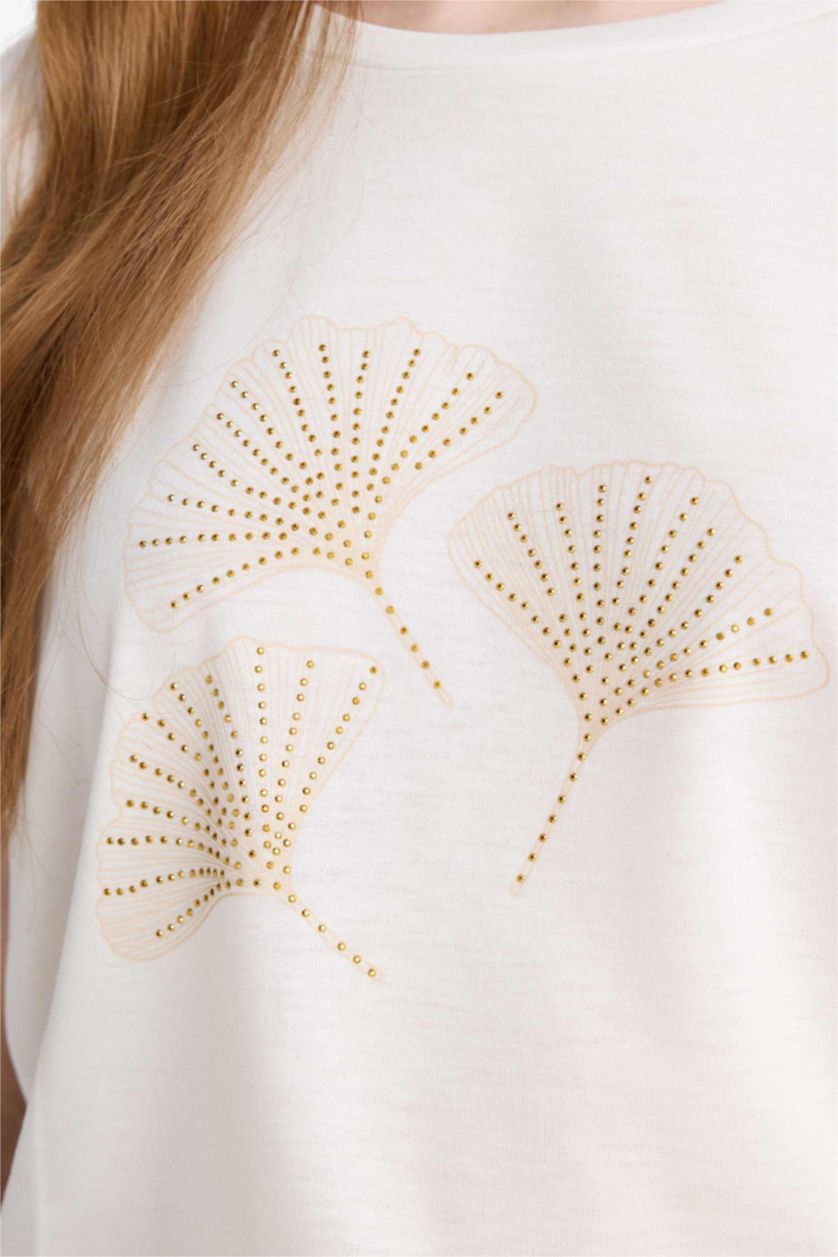 نساء بيج فاتح Crew Neck Stone Printed Short Sleeve T-Shirt