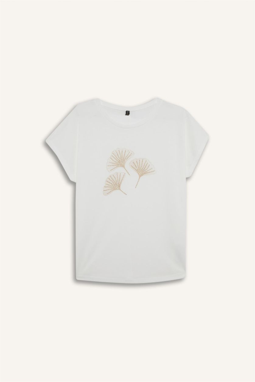 نساء بيج فاتح Crew Neck Stone Printed Short Sleeve T-Shirt