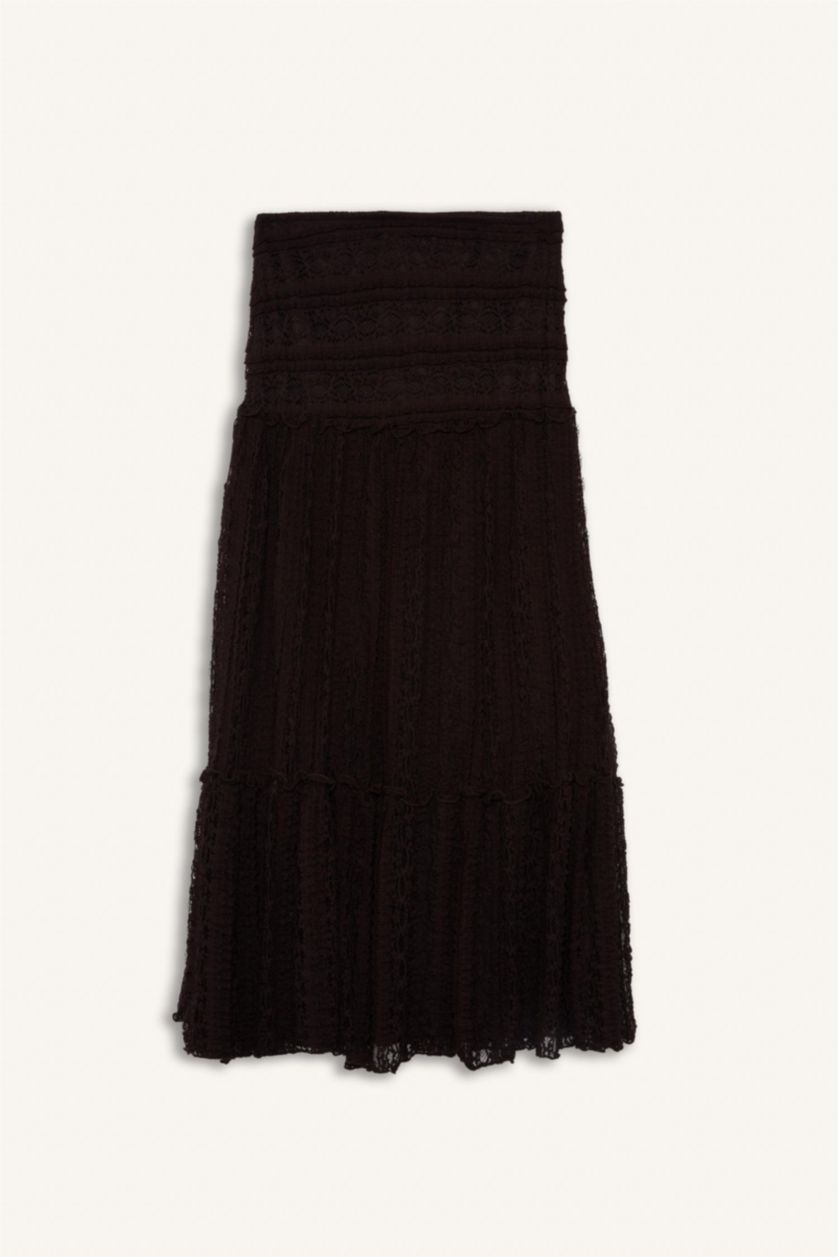 Kadın Kahve A Kesim Dantel Midi Etek