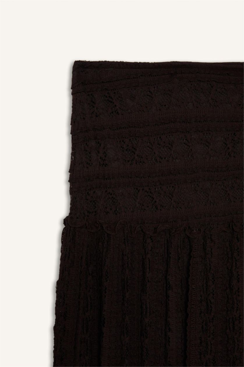 Kadın Kahve A Kesim Dantel Midi Etek