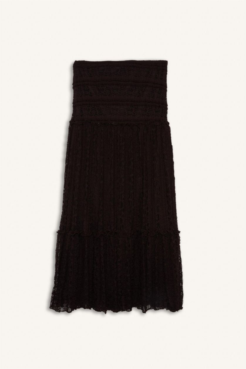 Kadın Kahve A Kesim Dantel Midi Etek