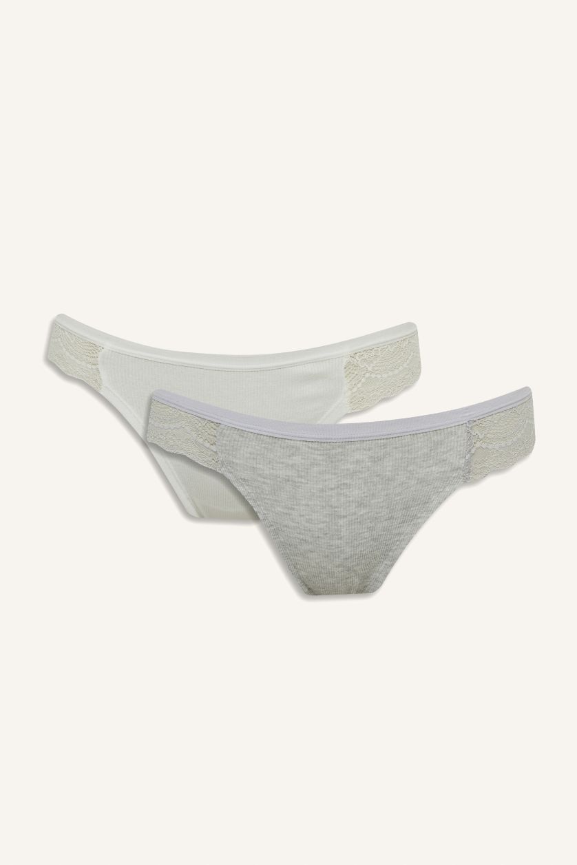 WOMAN Grey Melange Fall in Love Lace Detailed Ribbed Brazilian Briefs