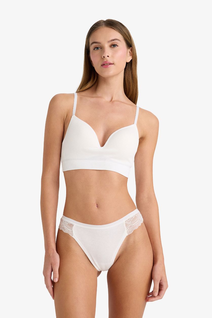 WOMAN Grey Melange Fall in Love Lace Detailed Ribbed Brazilian Briefs