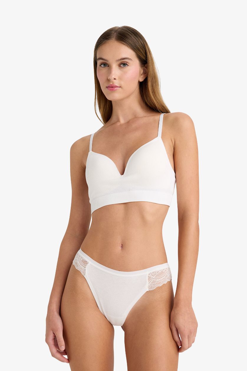 WOMAN Grey Melange Fall in Love Lace Detailed Ribbed Brazilian Briefs