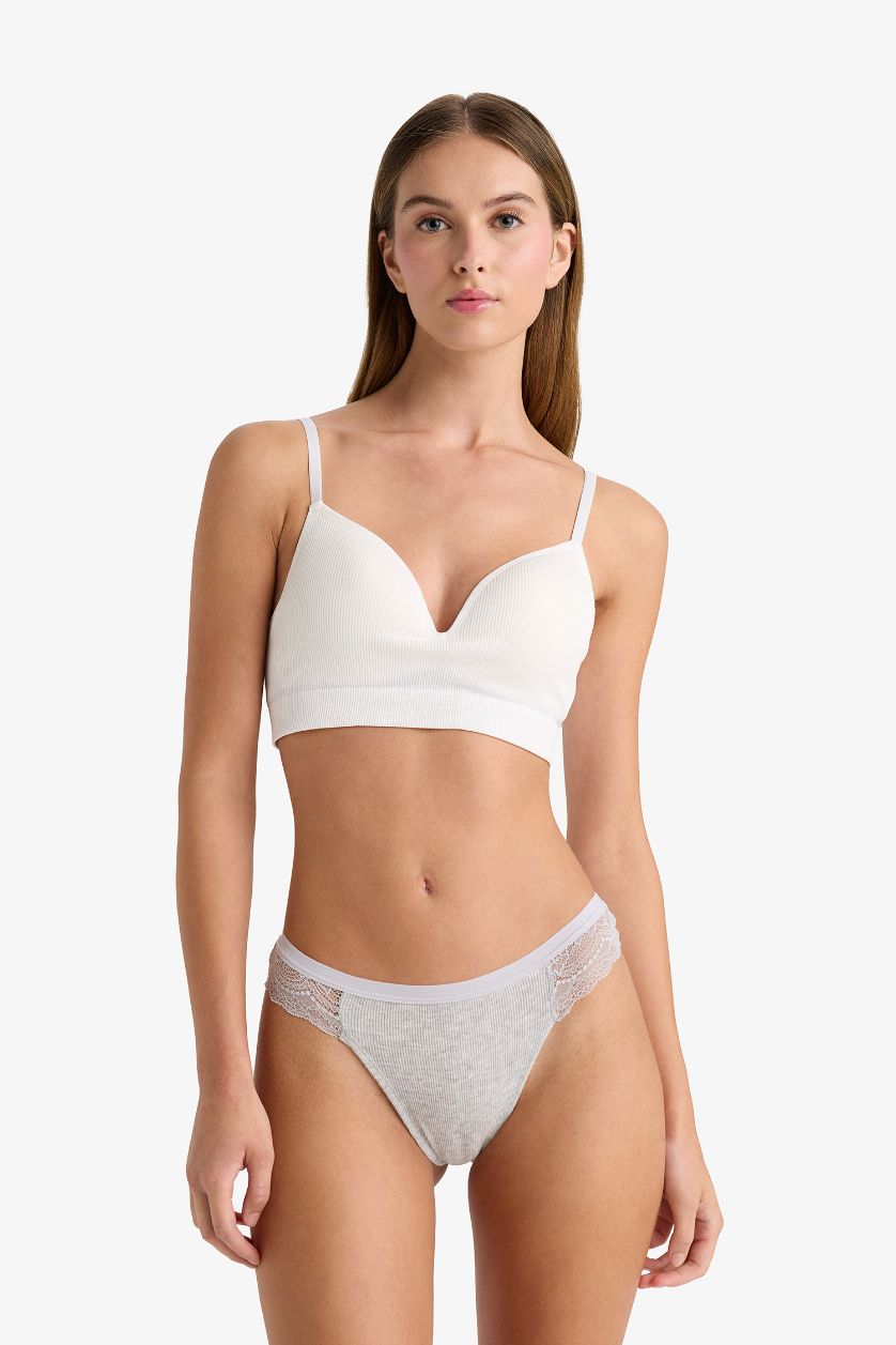 WOMAN Grey Melange Fall in Love Lace Detailed Ribbed Brazilian Briefs