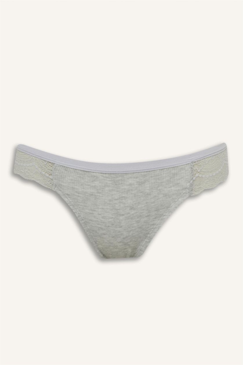WOMAN Grey Melange Fall in Love Lace Detailed Ribbed Brazilian Briefs
