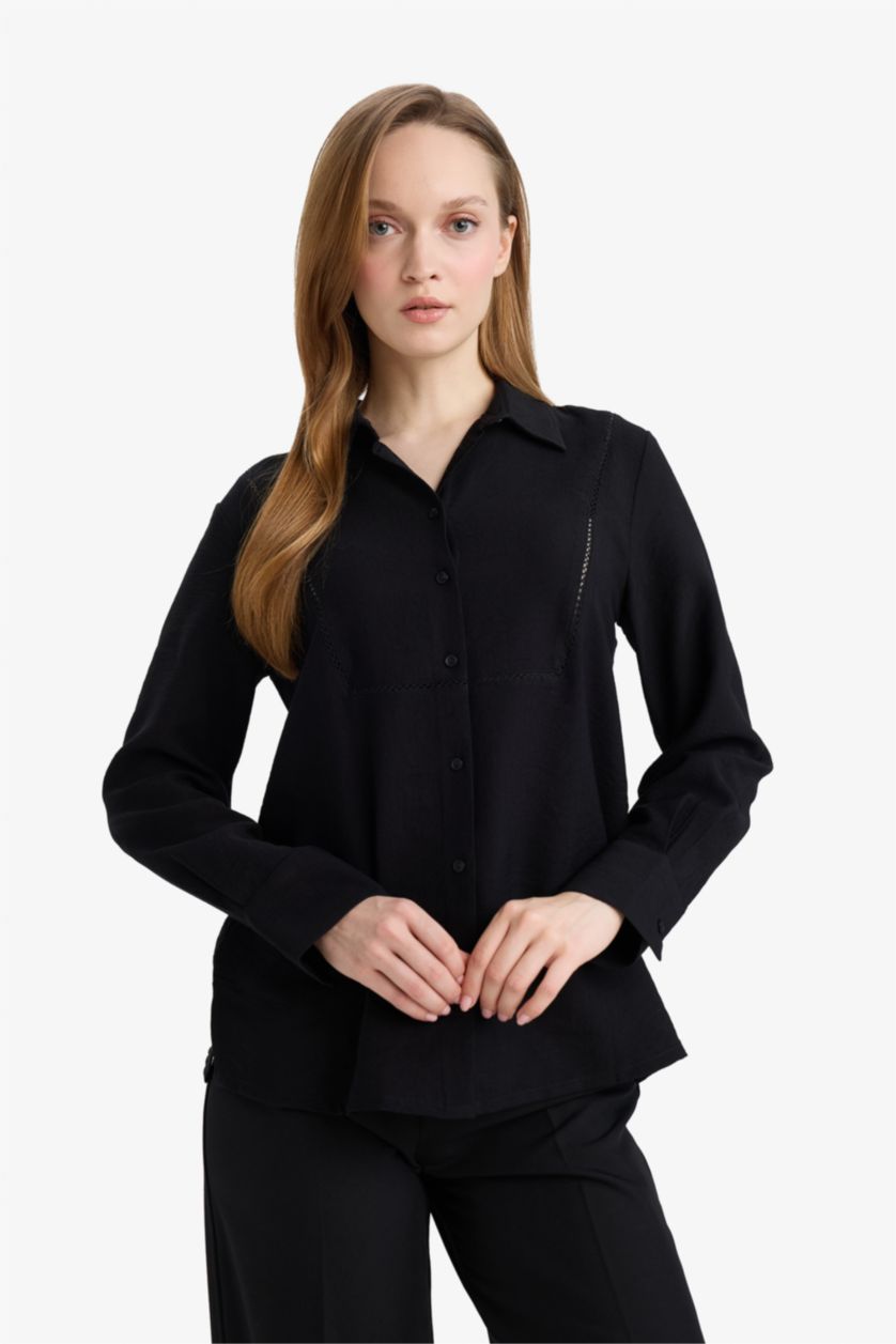 Женщины Черный Туника Regular Fit с рубашечным воротником и длинным рукавом