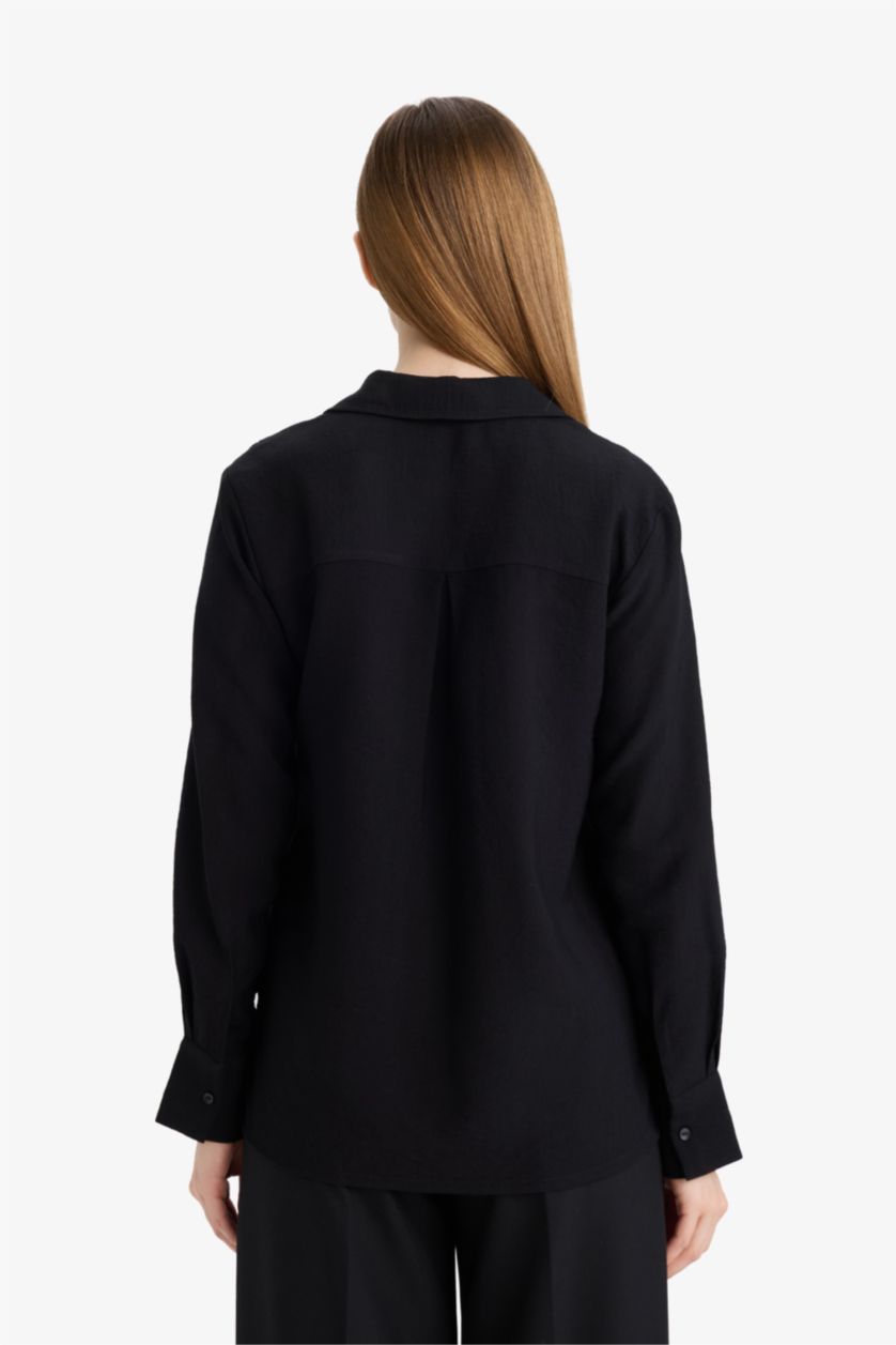Женщины Черный Туника Regular Fit с рубашечным воротником и длинным рукавом