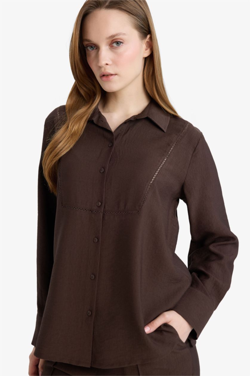 نساء بني تونيكة كم طويل قصة عادية بياقة قميص