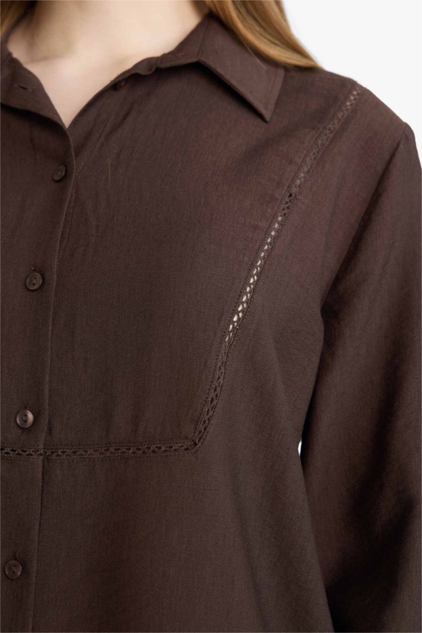 نساء بني تونيكة كم طويل قصة عادية بياقة قميص