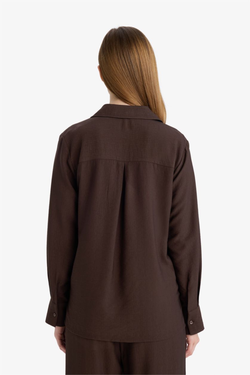 نساء بني تونيكة كم طويل قصة عادية بياقة قميص