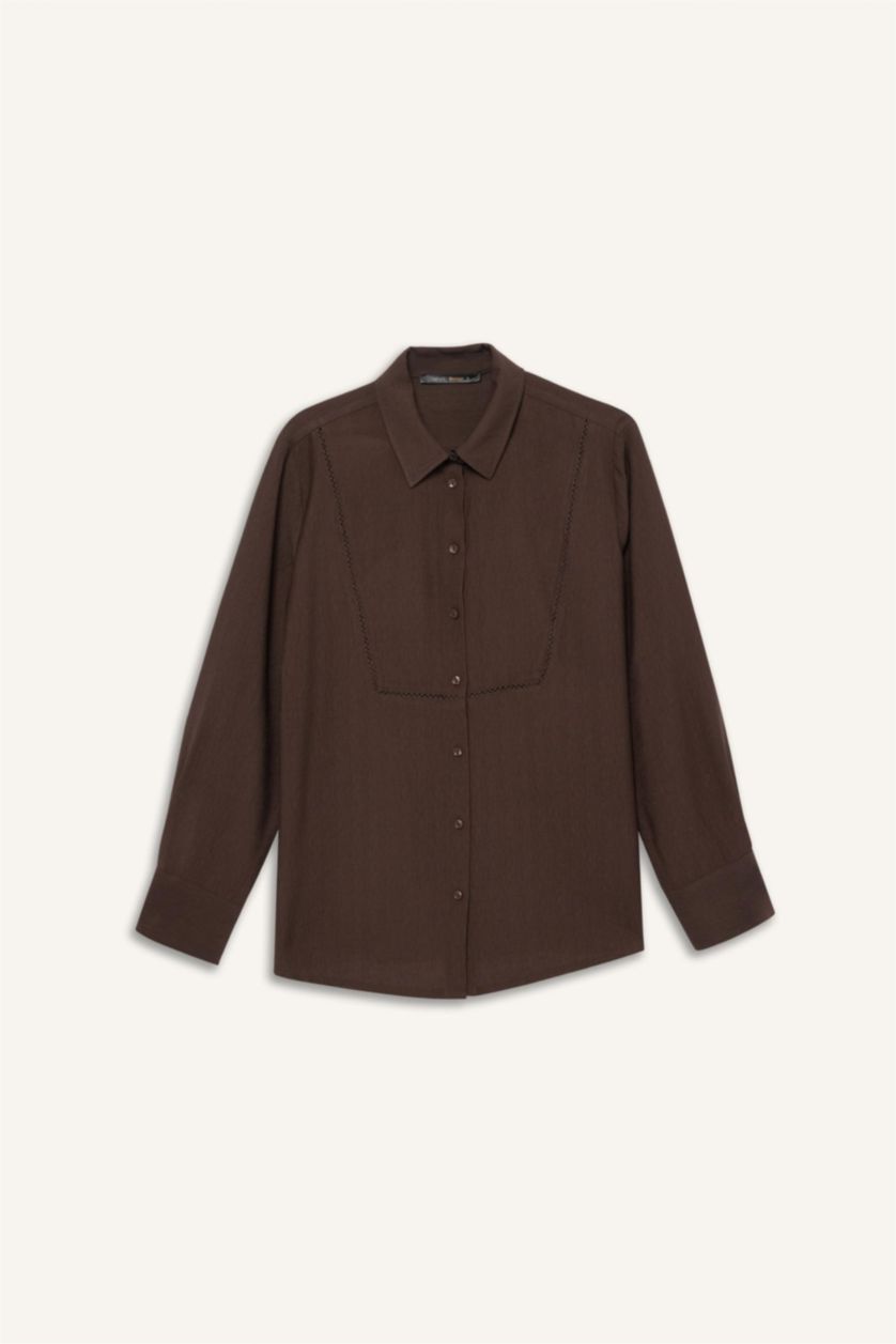 نساء بني تونيكة كم طويل قصة عادية بياقة قميص